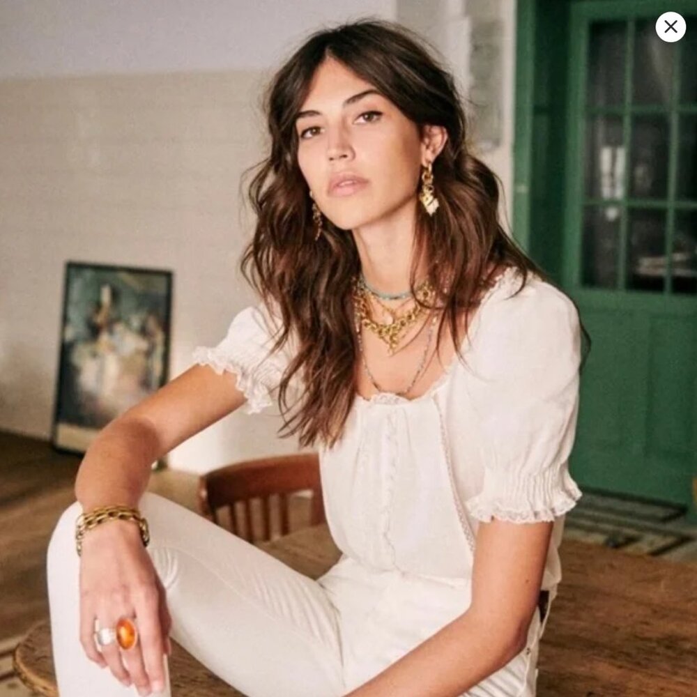 Sezane Frances Blouse, Elegant White Lace Trim Blouse